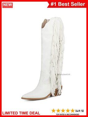 Faux Leather Knee High Western Cowboy Boots Fringe Pointed Toe Zip